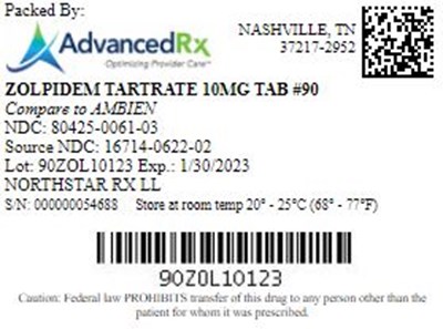 Zolpidem Tartrate 10mg Tab Qty 90 Ndc 80425 0061